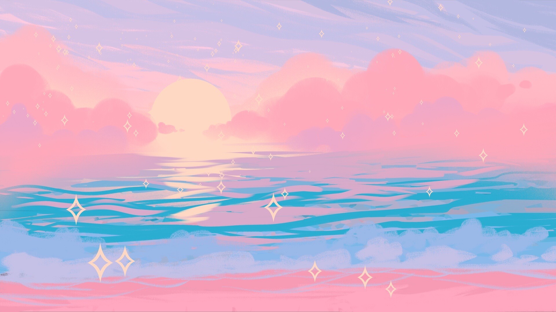 A digital art of a sun in between  the pink clouds, underneath the purple sky, above the blue sea and a beach.
There are sparkles everywhere 