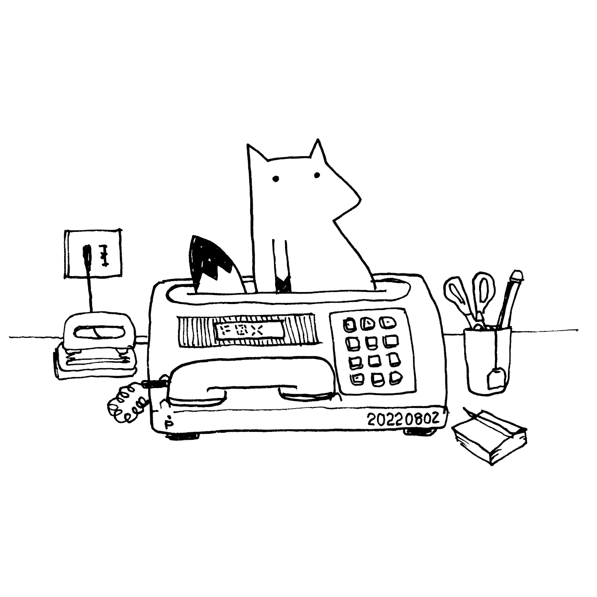 a drawing of a fox coming out of a fax machine