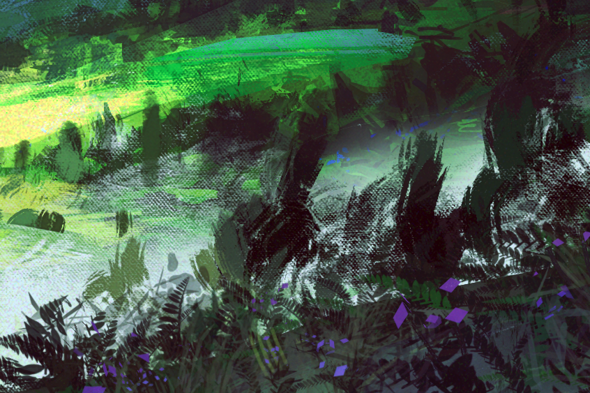 Close up of digital painting of green hills with trees and purple flowers in the foreground