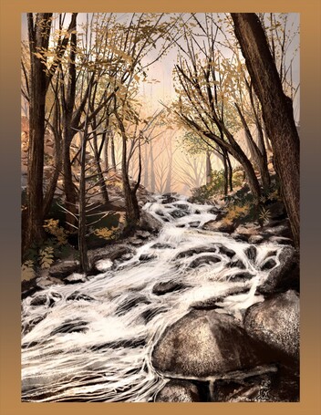Landscape illustration of a whitewater brook cascading over rocks.  The creek is surrounded by barren tress with a smattering of dusty yellow and green leaves.  In the distance, the glow of orange light cast by a distant setting sun illuminates the slightly overcast sky.