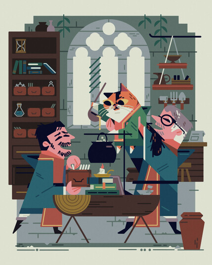 2022 full color fantasy family commission

in an old stone room with light coming through a decorative window, members of a family help mix a potion in a cauldron. One sorts through recipe cards, another holds their cat aloft, to ladle ingredients in. 
