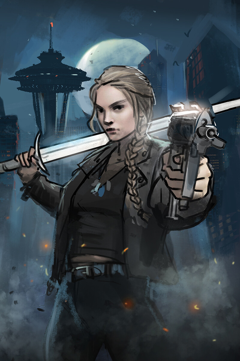 Digital sketch for an urban fantasy book cover.  A blonde woman with a sword and a gun in front of Seattle cityscape. Dark, blue, badass mood.