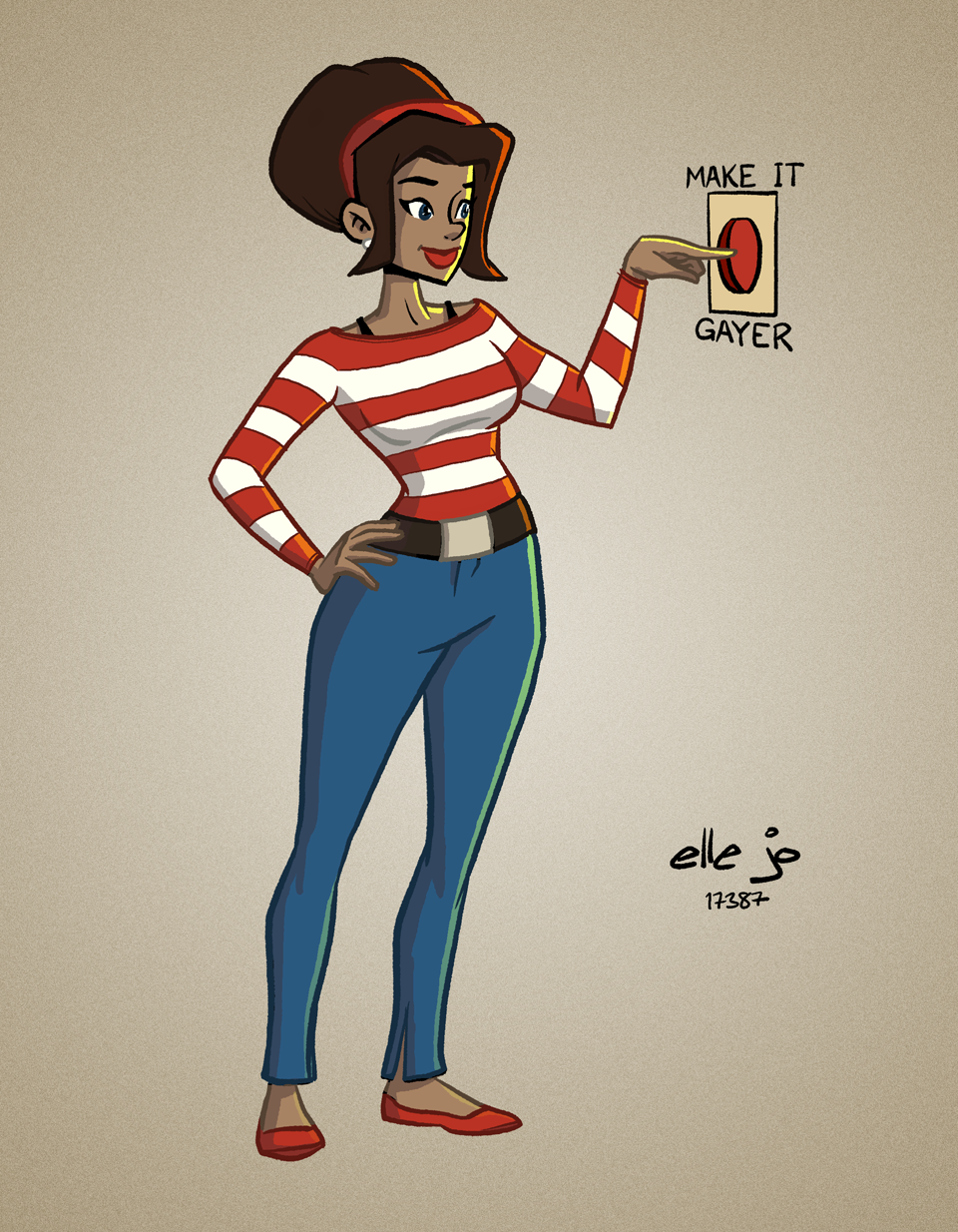 A young woman in a red headband, red and white striped shirt, blue jeans, and red flats, is pushing a big red button with text around it that reads: Make It Gayer.