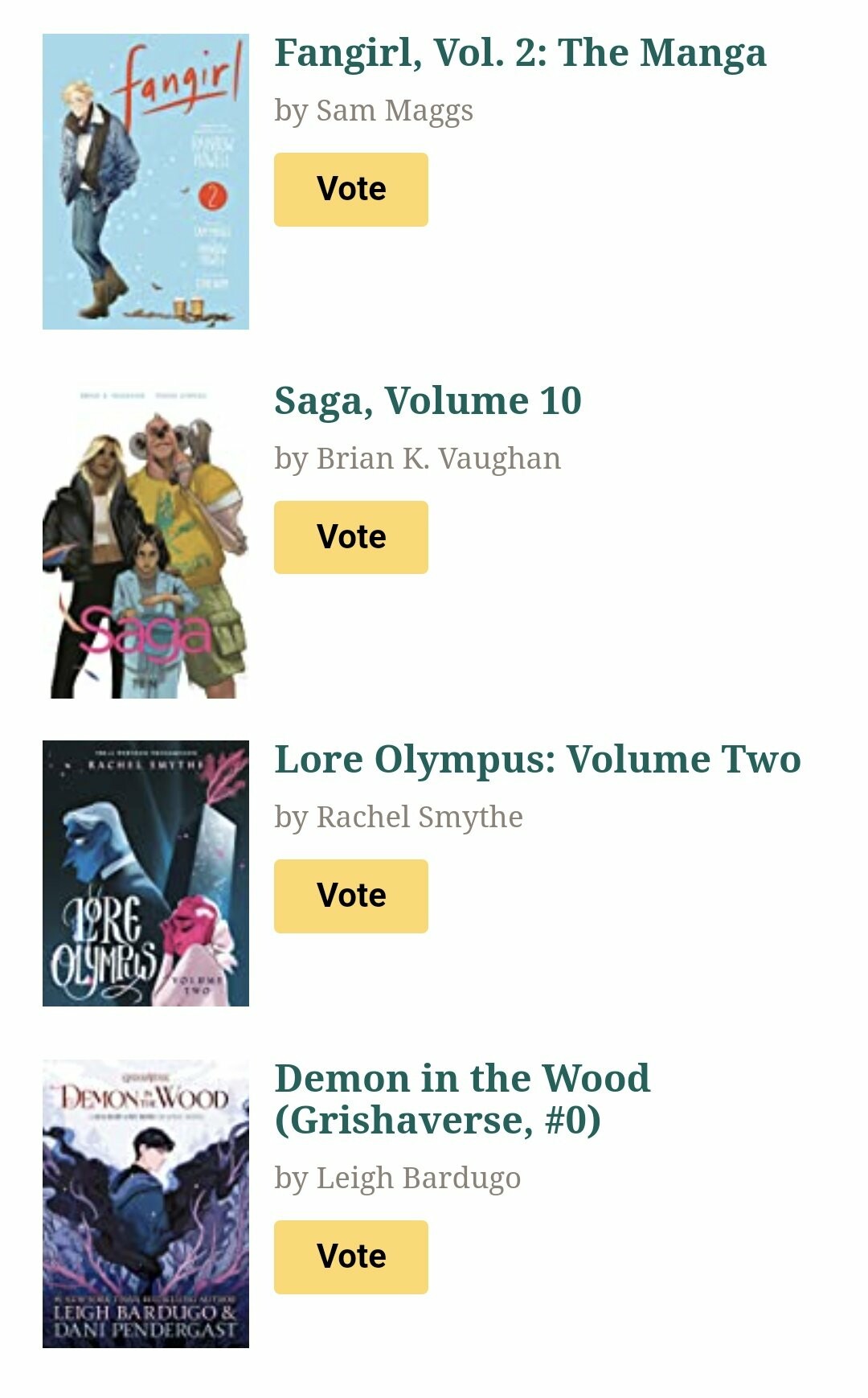 Screenshot of Goodreads voting form in which Fangirl Vol 2, Saga Vol 10, and Demon in the Wood are credited to only the writer but not the artist. 