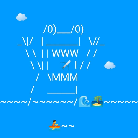 Text editor screenshot showing a blue background with a giant monster emerging from the sea, arms raised and mouth open (drawn with white text characters, everything else is made of emojis) and causing a tsunami that is about to level a small island, inhabited by a palm tree. Also, the monster is eating a plane. A guy on a rowboat on the foreground and a couple of clouds are there to enhance the scale and depth of the scene. The guy seems chill about it.