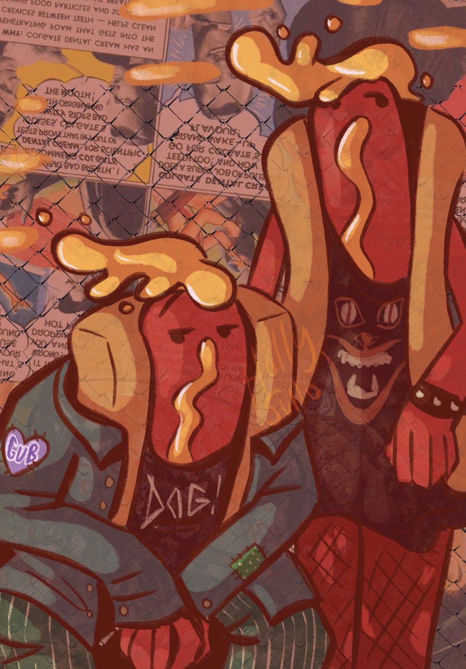 A stylized illustration of two cool looking dudes who are actually hotdogs. They have mustard mohawks.