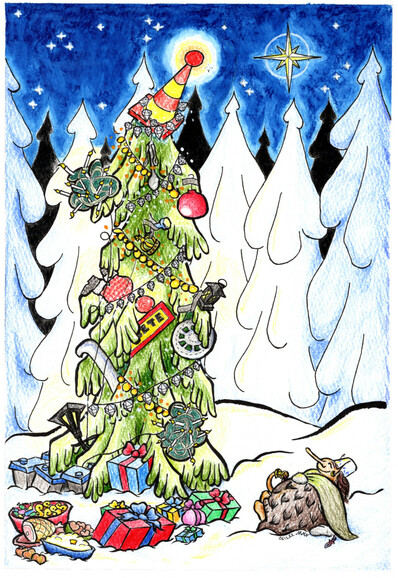 Ängsull the Troll sits in a cold snowy forest, looking up at a firtree blinged up for Christmas. A roadcone with a lantern serves as its top star, garlands of gold coins and diamonds criss cross branches decorated with treelight coils, hubcaps and other shiny roadside rescues, and the sole bauble taped to the pines. At the foot of the tree several plates of Swedish Christmas food are placed side by side of colourful Christmas presents. Ängsull is very happy with her work.