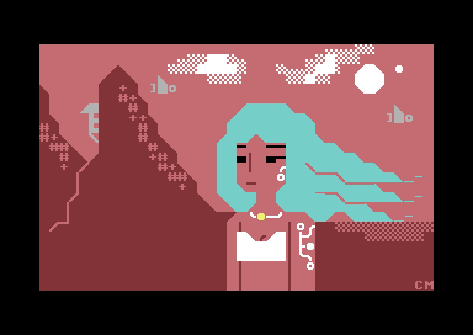 A textmode/PETSCII image of an alien woman in an alien landscape. The skies are pink, covered in white clouds and a few robotic birds lit by 2 suns; red mountains, small house on the mountainside and a lake are visible on the in the background. The girl has pink skin and long aqua-colored hair. She wears a white torso covering and she has abstract white tattoos.