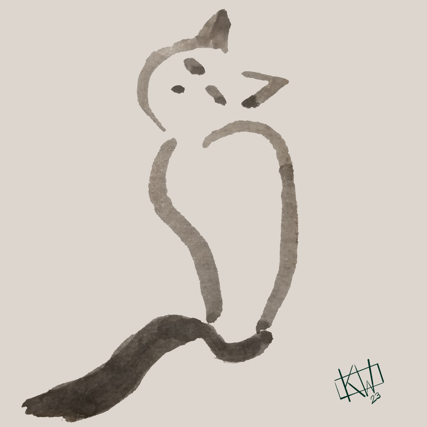 Minimalist sumi-e of cat sitting, facing away & looking back at you.