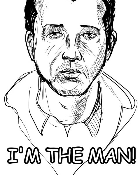 Front facing portrait of a man, head and neck, in pen and ink. There is a caption below it that says "I'm the man!"