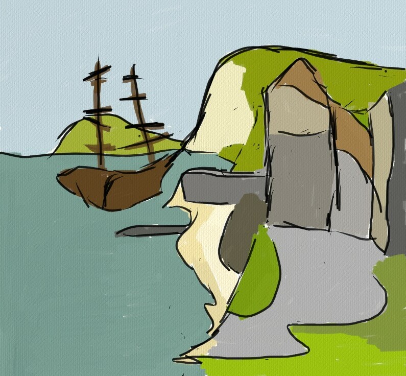 A roughly colourised painting g of a sailing ship anchored near a small stone jetty/harbour.