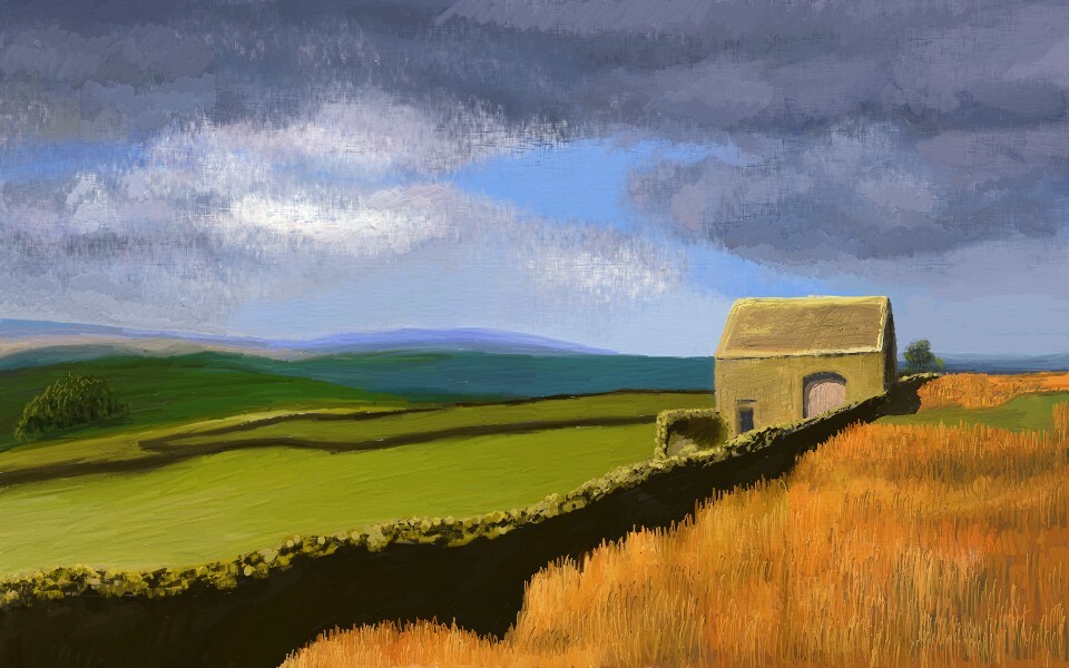 A dry-stonevwall running diagonally (from the bottom left) up towards (and then beyond) a windowless, dry-stone farm building with a slate roof.  All the stonework is tinged yellow by moss.  Beyond the wall are the rolling green hills of cultivated farmland.  In front of the wall is long orange/brown of moorland grass.  Patches of blue peak out from behind heavy clouds.  The clouds overhead are very dark rain clouds; the clouds in the distance are a lighter (less ominous) grey colour.  The sun is not visible, but obviously to the left of the viewer.