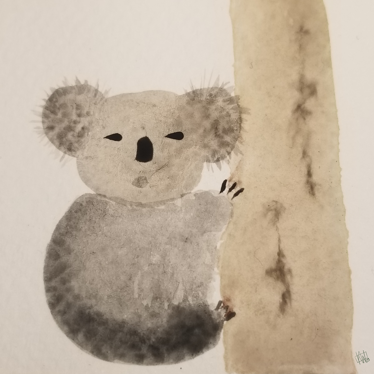 Watercolor koala chills on the side of a eucalyptus tree.