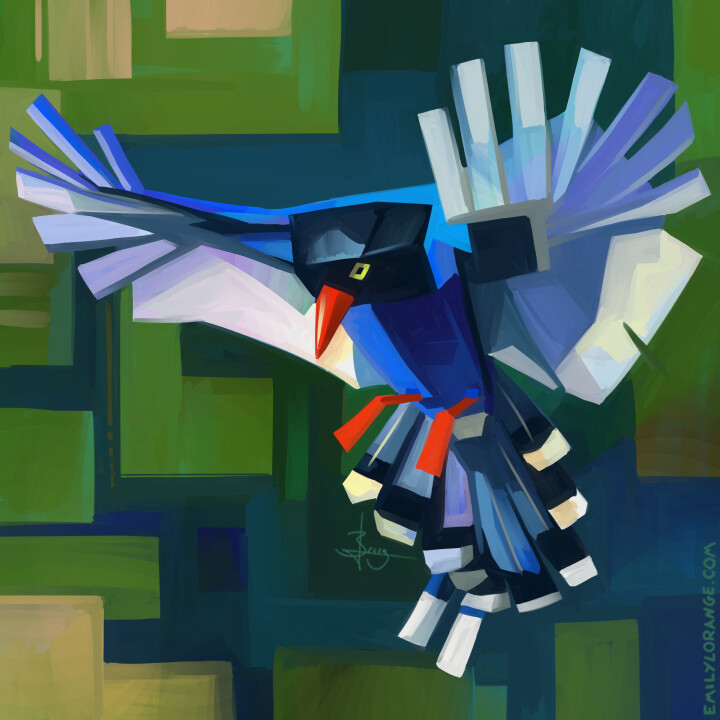 a painting of a flying taiwan blue magpie, made of angular shapes