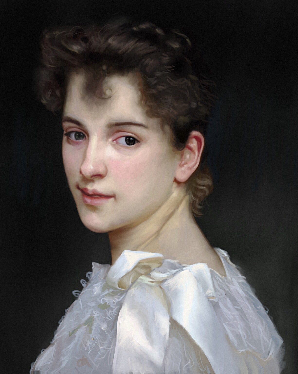 Digital painting based on Bouguereau’s portrait of Gabrielle Cot. . Brown haired fair skinned woman on a dark background.