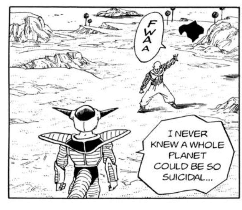 Manga panel from Dragon Ball Z. Freeza says "I never knew a whole planet could be so suicidal..."
