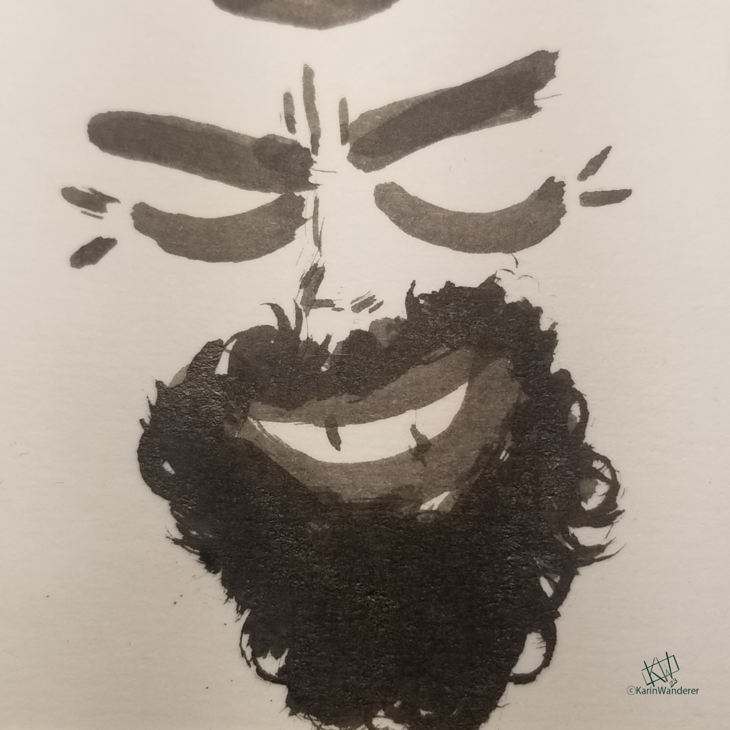 Monochrome ink black painting depicts curly-bearded man smiling so big his eyes are closed.