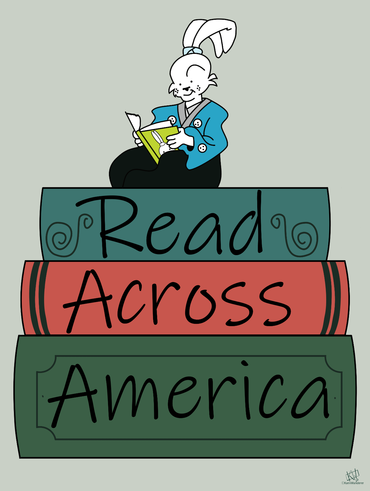 Miyamoto Usagi happily reads atop a stack of books. The book spines say “Read Across America
