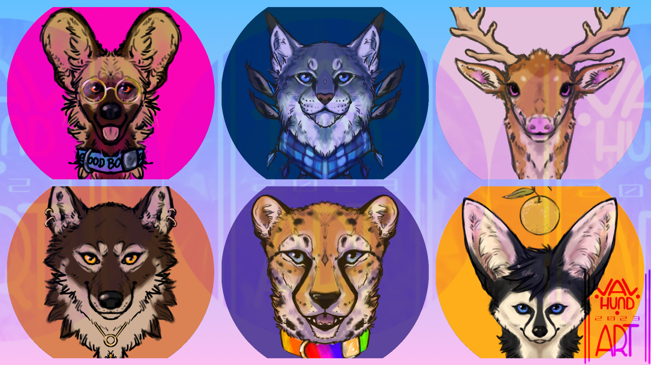 From left to right, frontal portraits of: a happy looking African wild dog, a serious lynx with a scarf, a deer with a rose-colored nose, a dark brown wolf with cream colored markings, a happy cheetah with a rainbow collar and a black and white fennec fox. 