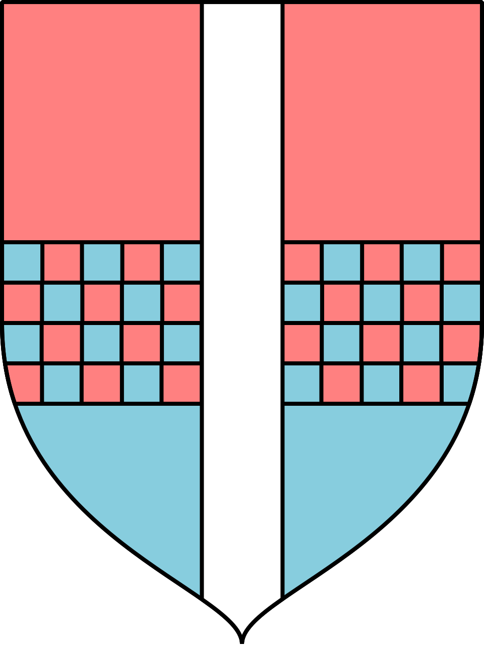 An heraldic shield pink at the top and pale blue at the bottom, the middle transitioning between the two in a chequered pattern. A white stripe passes from top to bottom through the centre of the shield.