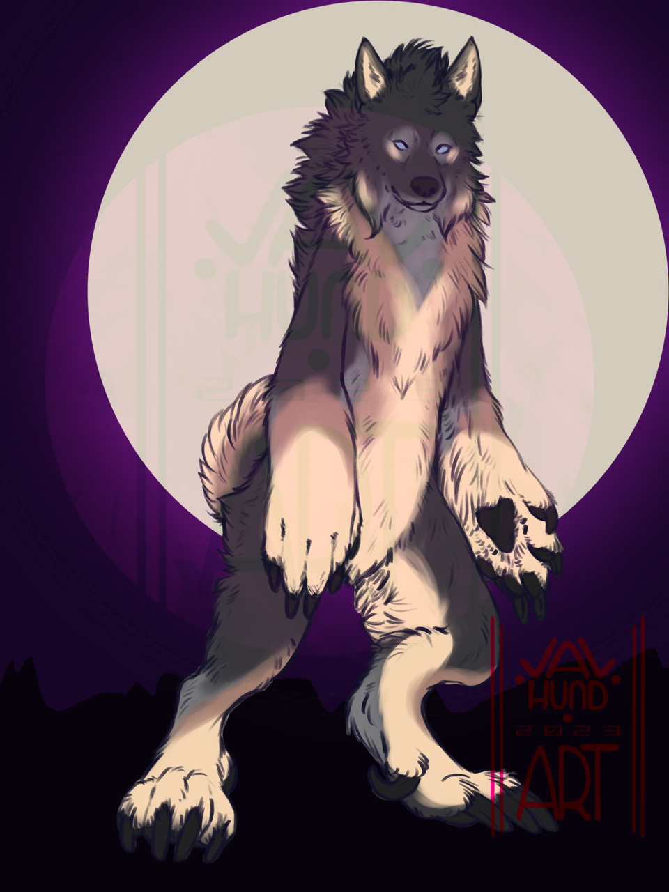 A werewolf kind of creature with a lot of fluff standing in front of a bright round shape resembling the moon. 