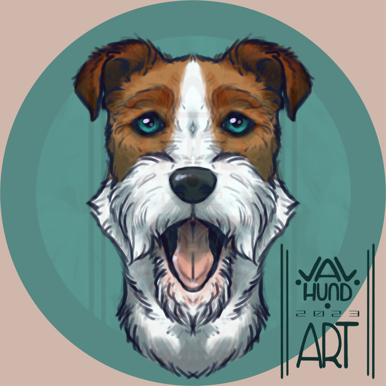 A frontal facing portrait of a fox terrier, mouth opened in a happy smile. The background consists of a green circle on a beige background. 