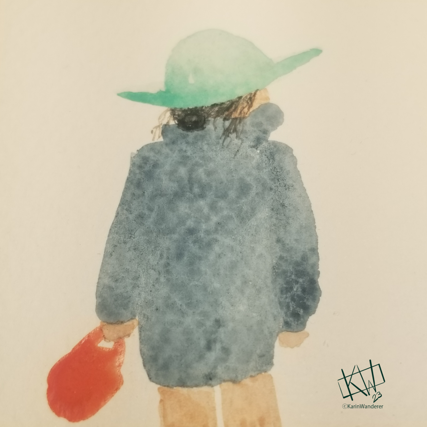 Watercolor person with dark hair drawn into a bun stands, back to viewer. A big blue coat & blue hat obscure most of their features.