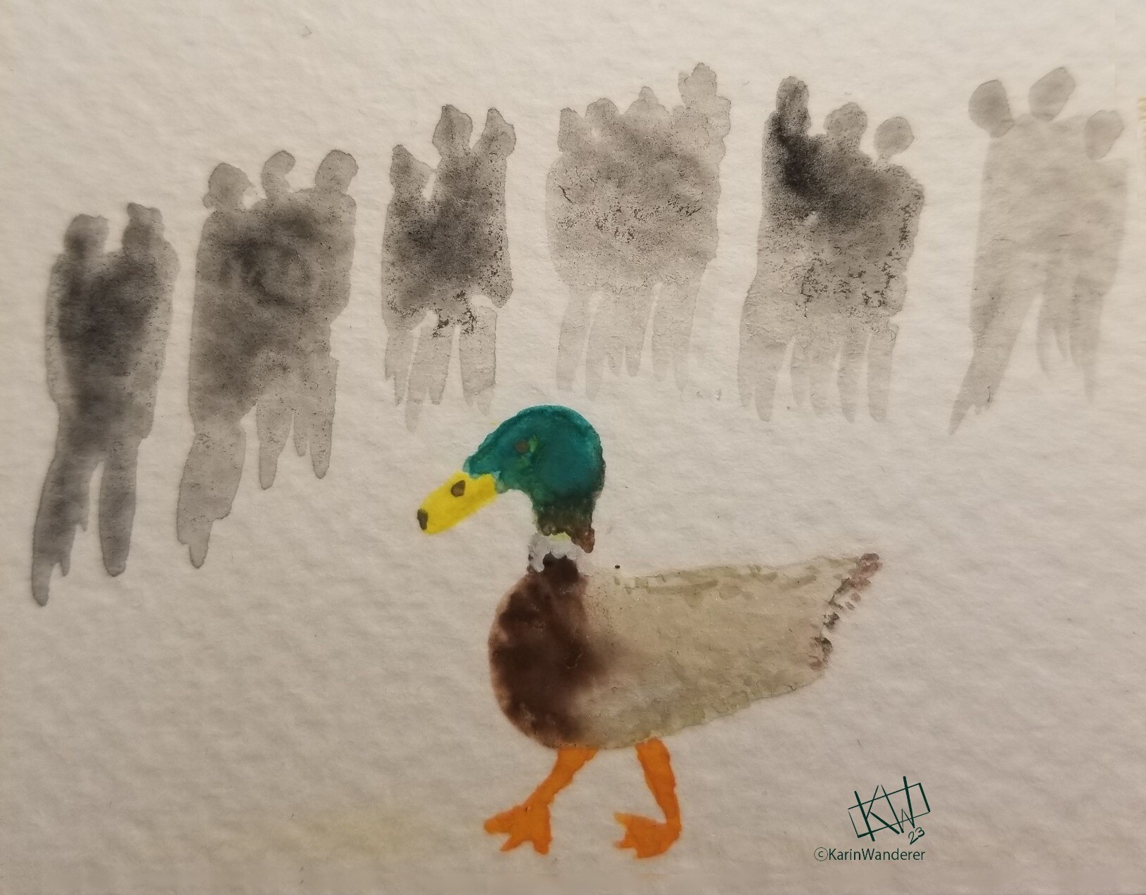 Watercolor duck walking past groups of people who pay it no mind.