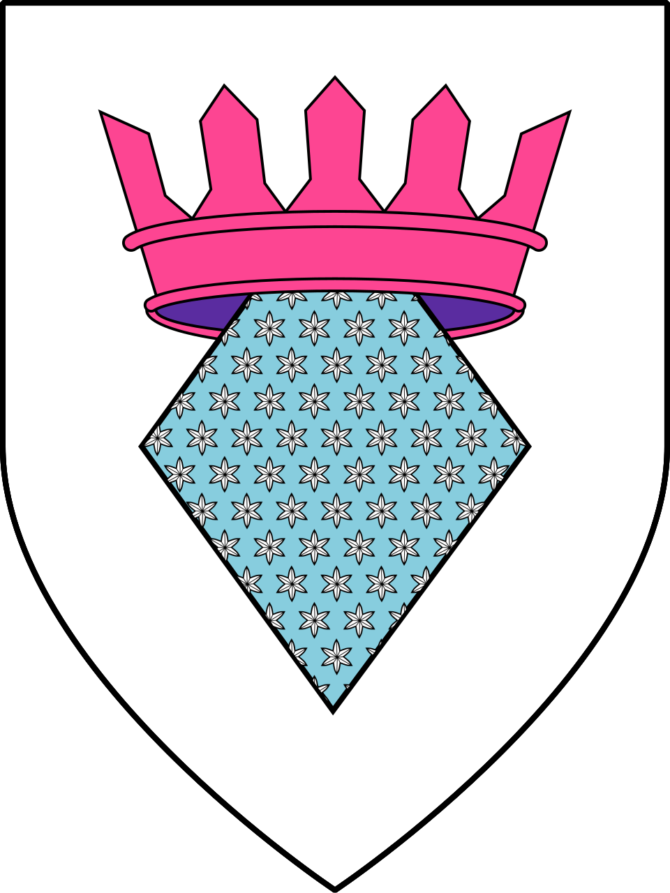 An heraldic shield depicting, upon a white (silver) background, a pale blue lozenge with many white (silver) stars upon it. The uppermost corner is encircled by a bright pink crown.