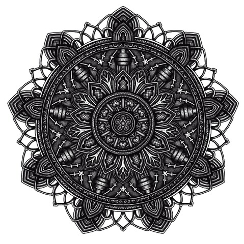 A digital mandala in black line art and greyscale shading. It looks like brickwork, columns and archways in gothic cathedral style.