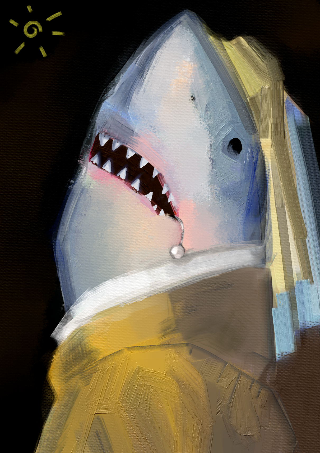 It's the Girl With A Pearl Earring except a shark with a lip piercing. It's the Girl With A Pearl Earring except a shark with a lip piercing.