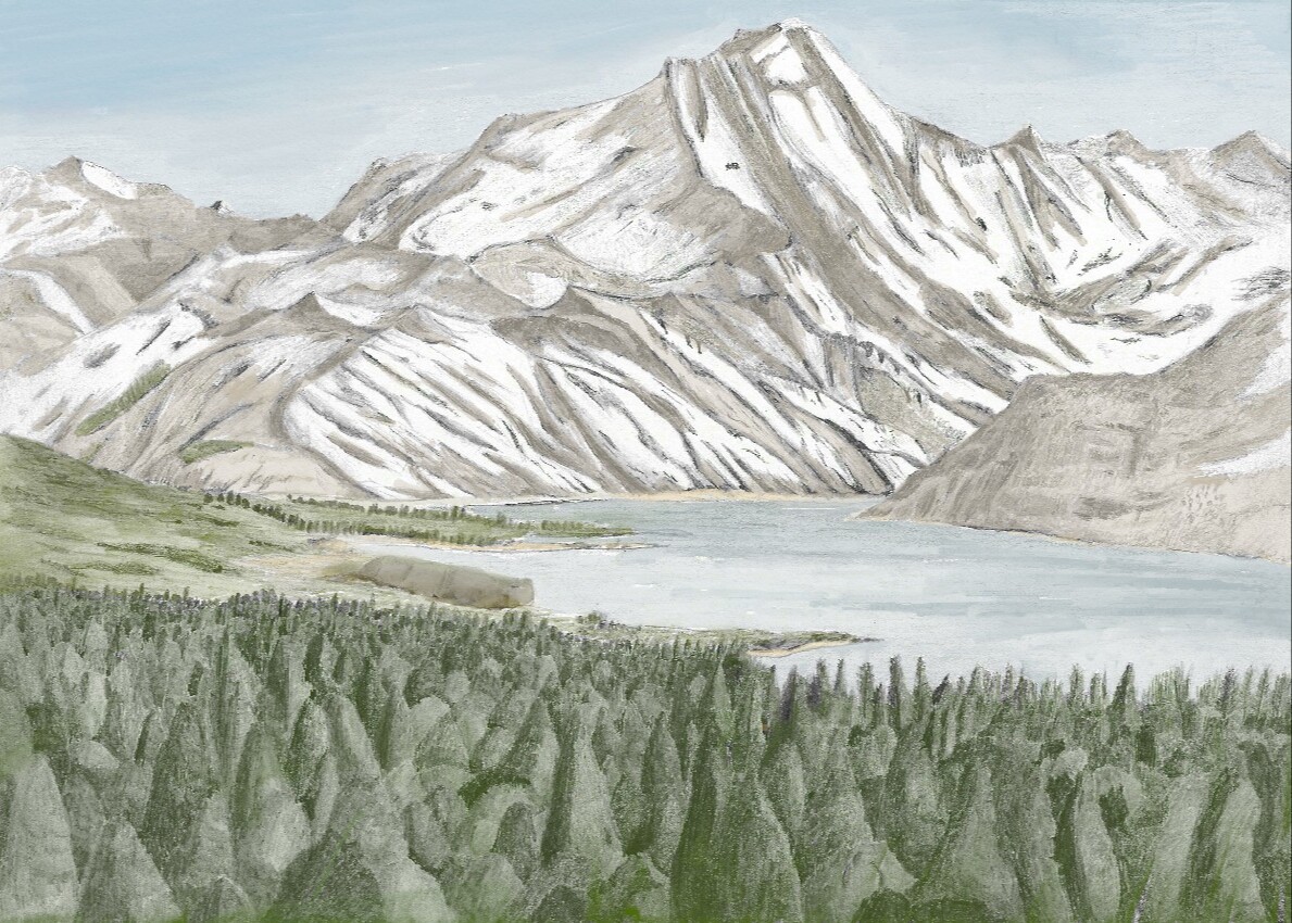 A view over a forest across a lake towards a snow-covered mountain.  The original pencil sketch has been tinted with a digital watercolour wash to try and liven it up a bit.  I think it looks OK TBH, so I might try more of this sort of stuff.