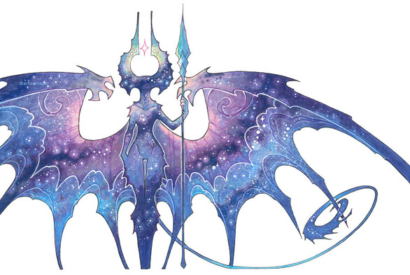 Space-textured female looking silhouette with wings, horns and lance. 