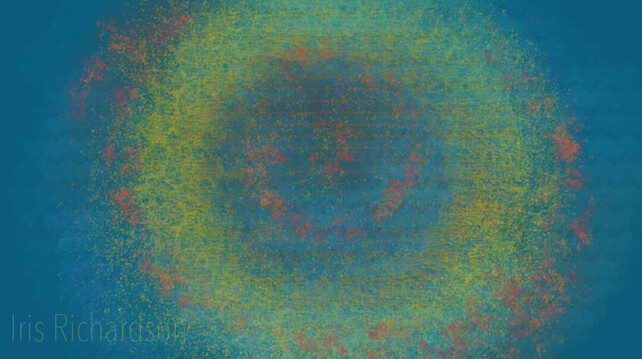 An interpretation of a sun digital painting. I used a dark blue background with a textured brush and changed it between yellow, orange, and red painting circles. I made the paint strokes lose enough to allow the blue to bleed through. Artist Iris Richardson, Gallery Pixel