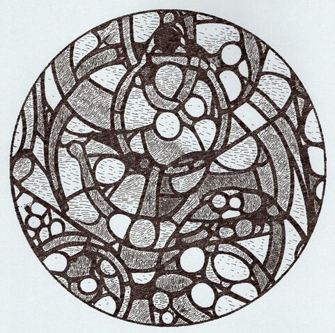Circular stained glass design in black pen, abstract shapes  and thick leading 