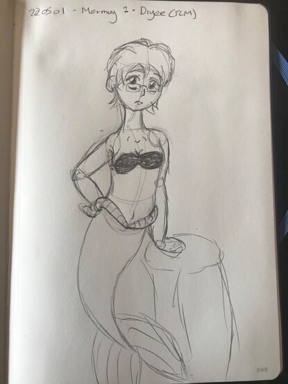Digee as a mermaid in the style of Disney's The Little Mermaid (1989). Their left hand is perched on their behind and their right is leaning on a rock.