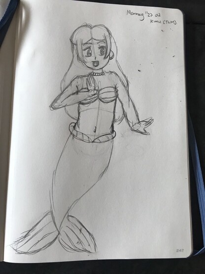 Kimu (an original character by @kittyocean) as a mermaid in the style of Disney's The Little Mermaid (1989). She is striking a confident pose.