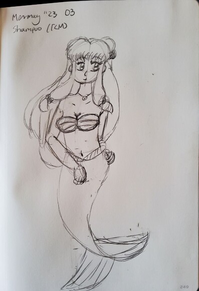 Shampoo from Ranma 1/2 as a mermaid in the style of The Little Mermaid (1989). She is wearing a necklace that has a small round bell, often associated with cats.