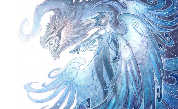 Figure with a whole bunch of wings in blue with stars and a random dragon, because why not