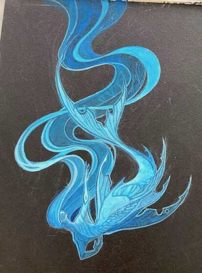 Work in progress swimming blue mermaid with long flowy hair, first layers of paint