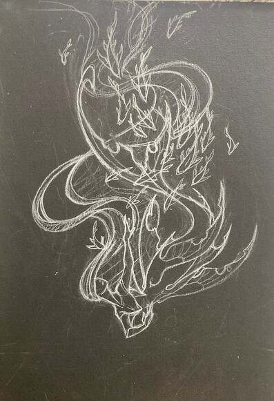 Work in progress swimming mermaid with long flowy hair, draft on black paper