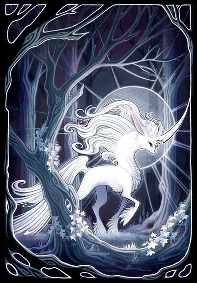 white glowing unicorn walking through a dark forest