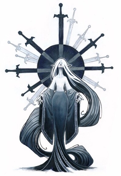 Figure with long flowing hair and a halo of swords