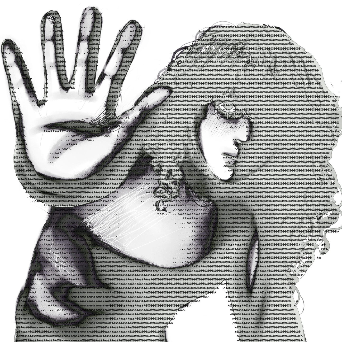 Digital painting of a terrified girl reaching her hand out to the viewer, shaded with an overlay of various Unicode symbols for the letter A. It is unclear whether she is reaching out for help or gesturing the viewer to get away.