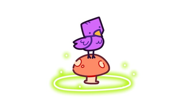 artwork of a purple bird standing on a mushroom within a glowing green circle