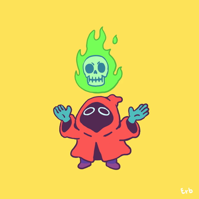 An animated doodle of a shady robed figure with their arms open looking up towards a flaming, floating, and spinning skull...
