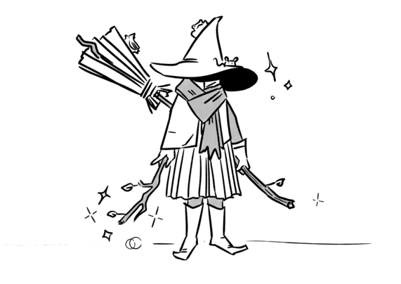 A mysterious witch with a large hat and broom.