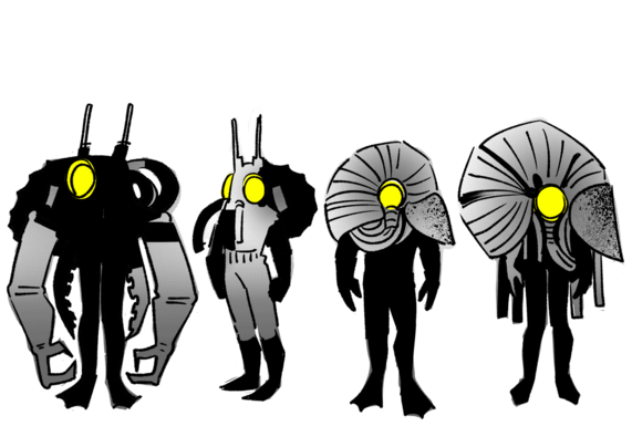 A line up of suited and helmeted sci fi characters.