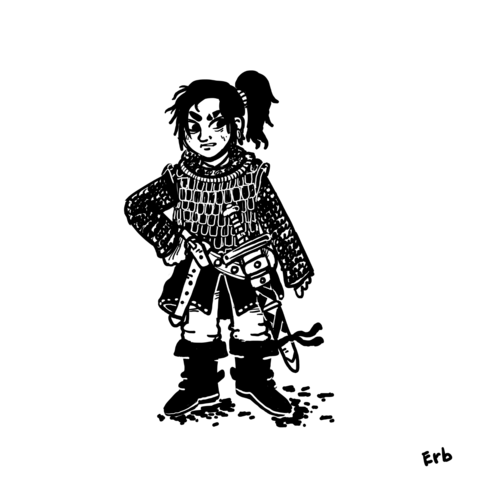 A black and white drawing of a solider wearing chain mail and brigadine with a sheathed sword. They are grumpy...