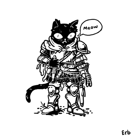 A black and white drawing of an armored cat knight stanced to draw a sheathed knife from their hip. The cat is meowing...
